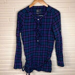 American Eagle Blue And Purple Plaid Long Sleeve Ruffle Shirt, Women’s Size 10